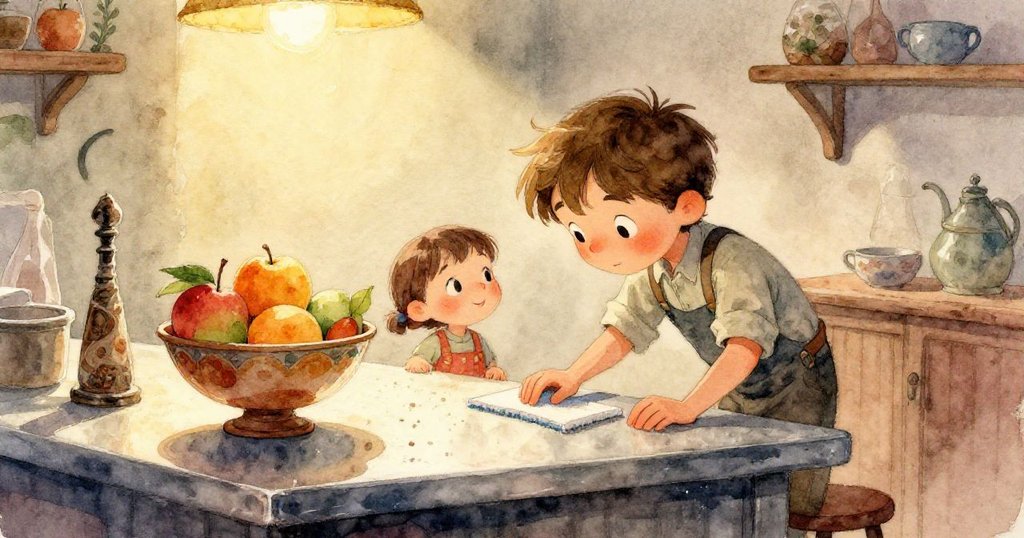 瑞德專注操作紙吸管，細緻觸碰吧檯與橡膠墊間細縫，手部動作顯露好奇與專注。