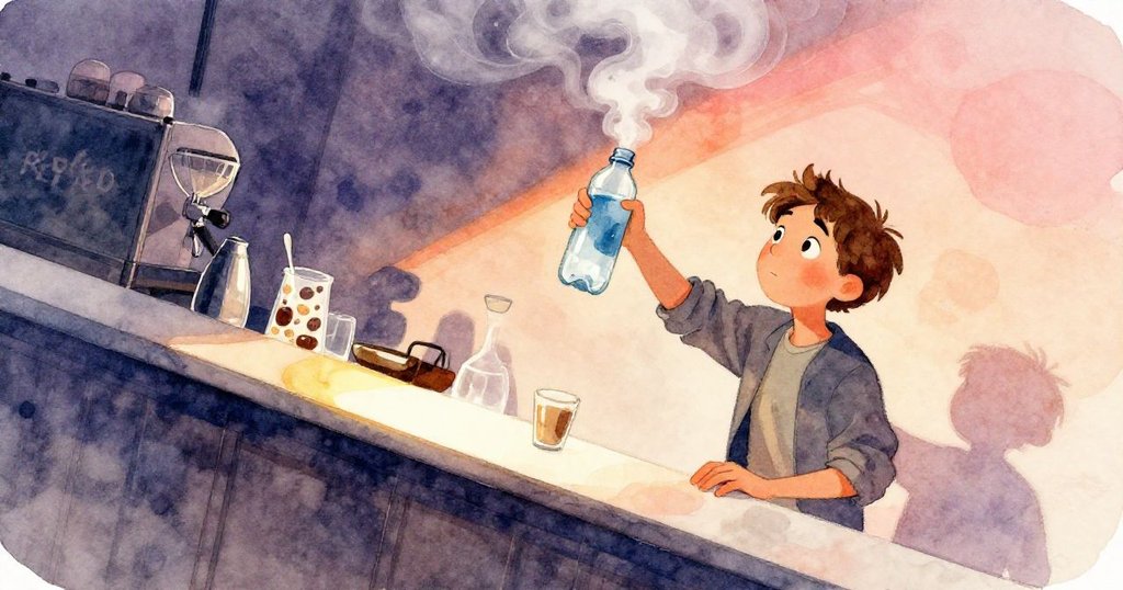 瑞德動作專注地旋轉冰水瓶，咖啡機蒸氣環繞吧檯，傾斜視角下光影交錯，充滿動感。