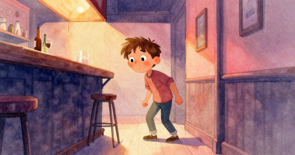 瑞德在吧檯入口處為躲避椅腳劃過而側步，臉上流露出關切與堅定，過渡空間細節豐富。