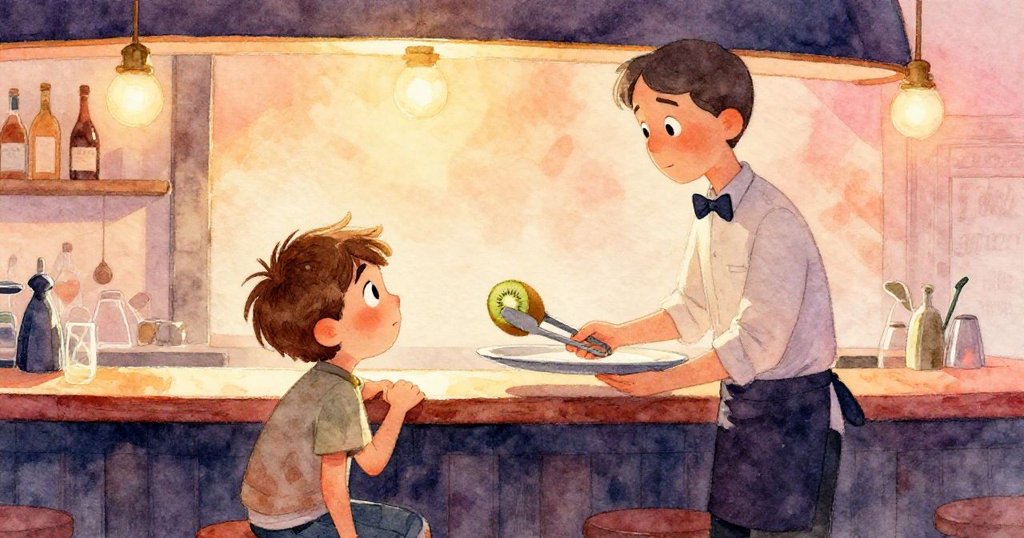 服務生用夾子輕取奇異果，瑞德在旁表情寬慰，兩人互動溫馨，吧檯背景燈光柔和。