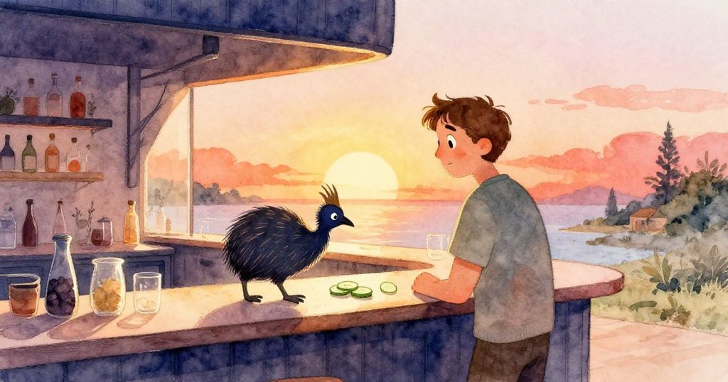 瑞德在金色夕陽下滿意凝視吧檯上整齊擺放的奇異果與切片小黃瓜，溫暖氣氛中展現心靈平靜。