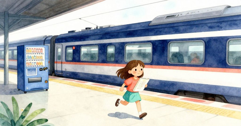 Joy在繁忙月台上飛奔，手提畫冊，背景有閃爍紅色時鐘與藍色販賣機，展現城市活力與期待心情。