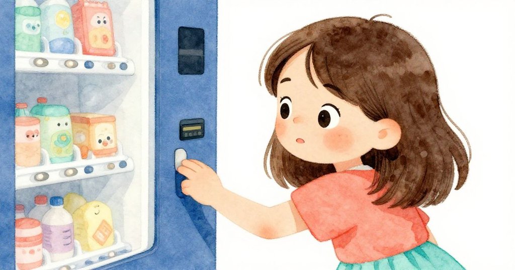 Joy專注凝視販賣機面板，面孔表露驚訝與決心，動作生動展現解決問題的瞬間。