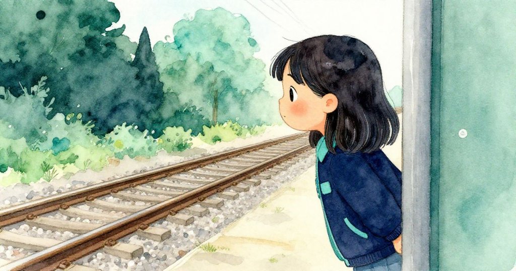 Dina躲在石柱旁，透過縫隙注視鐵道，臉上流露期待與神秘感，捕捉臨車前的微妙時刻。