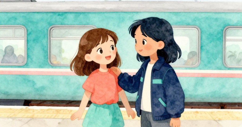 Joy與Dina在月台上親密互動，Dina輕觸Joy袖子，兩人滿懷期待注視即將到來的火車，情感溫馨。