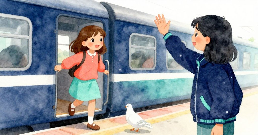 Joy踏上開門火車，Dina在月台上揮手道別，腳邊鴿子覓食，整個畫面傳達離別與新旅程的暖心情懷。