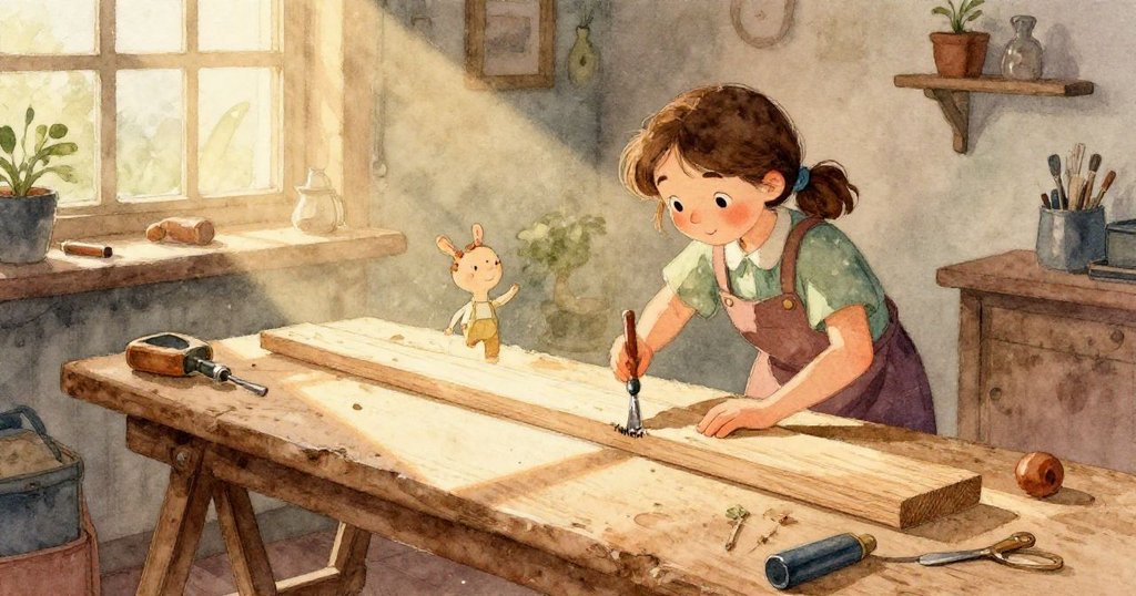 從工作坊貓咪視角觀看旋轉的碟子與飄落鋸末，充滿好奇與驚奇，低角度呈現生動場景