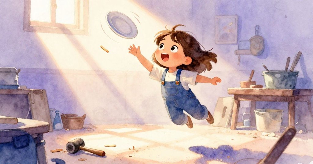 Pia急速撲向旋轉中的碟子，明亮鋸末隨動感光束飛揚，表情既驚訝又專注，生動呈現動態瞬間