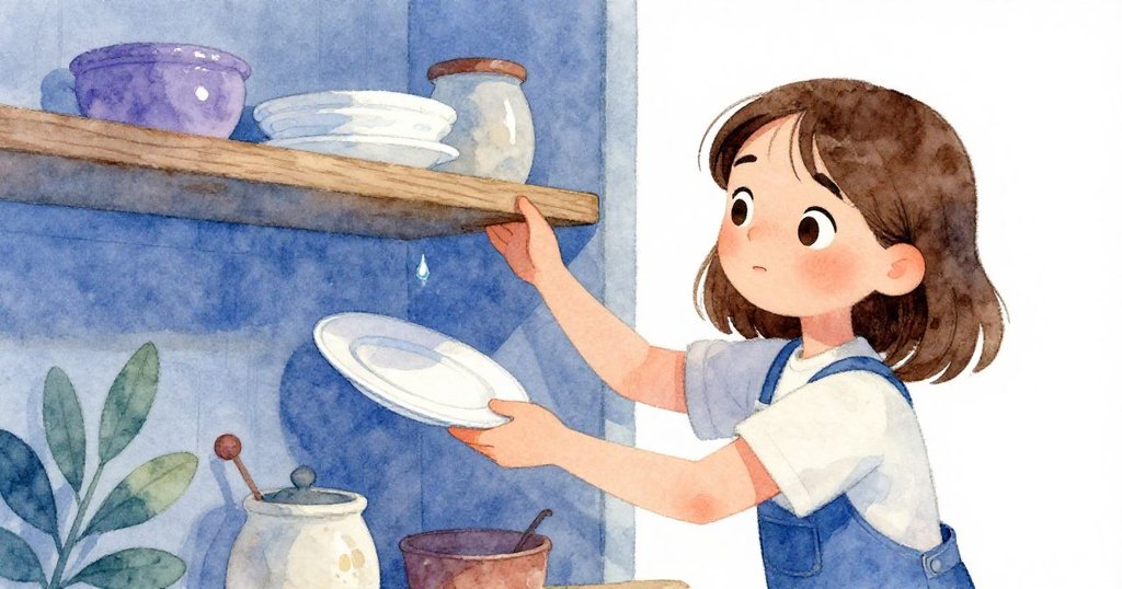 Pia輕輕將救回的碟子放在低架上，木板最終穩定落位，一滴鮮鹹汁在微光中搖曳，展現結局的平靜