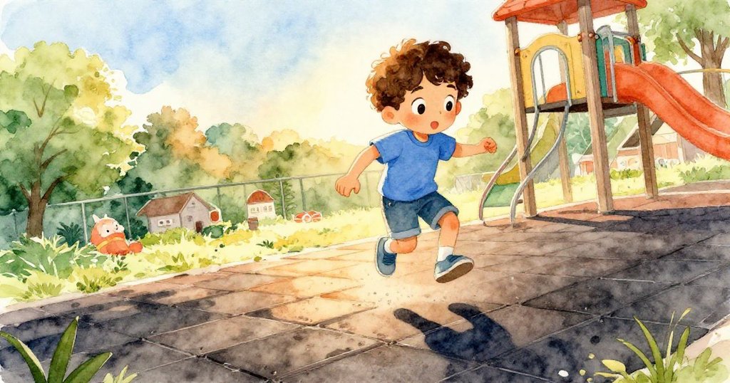 戴爾興奮地從斜置的黑色橡膠地磚上跳躍，透出溫暖夕陽與好奇表情，充滿冒險開始的氛圍。