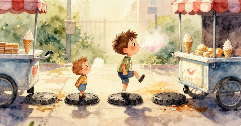 在溫暖夕光下，孩子們在鞦韆上嬉戲，一位高個男孩坐下，散發著冰淇淋與油氣交織的氣息。