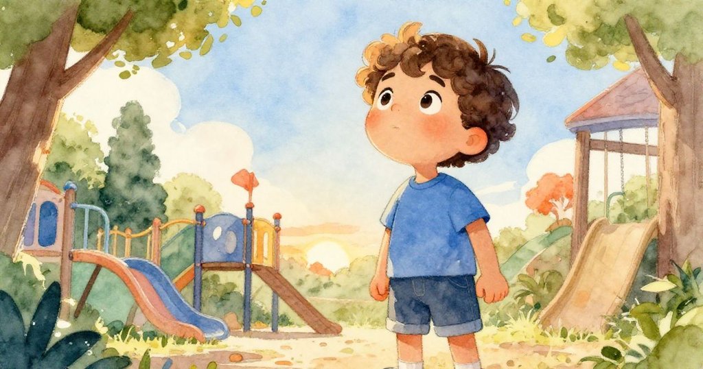 戴爾仰望著鞦韆旁的座位，神情中帶著失落與堅定，透出期待與努力的情緒。