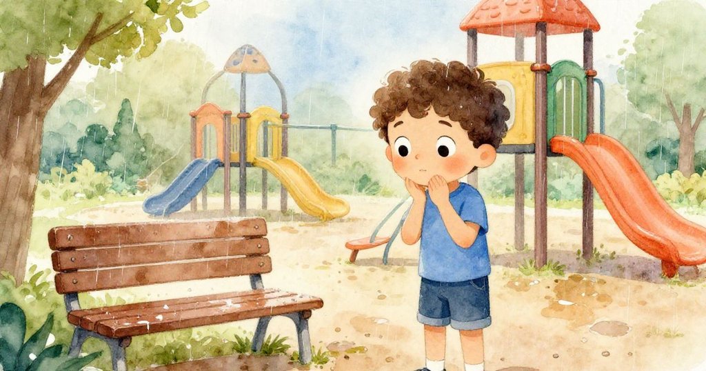 在細雨中，戴爾細嗅濕潤金屬味，表情由疑惑轉向好奇，感受天氣變幻的微妙變化。