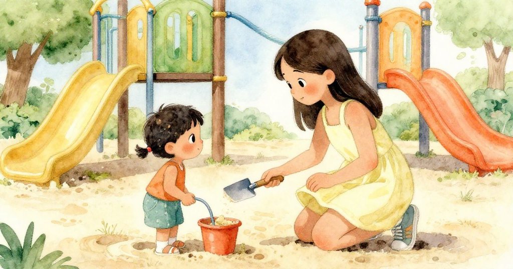 皮婭溫柔地與小孩交換工具，在沙坑下共同尋找解決之法，展現彼此支持與理解。