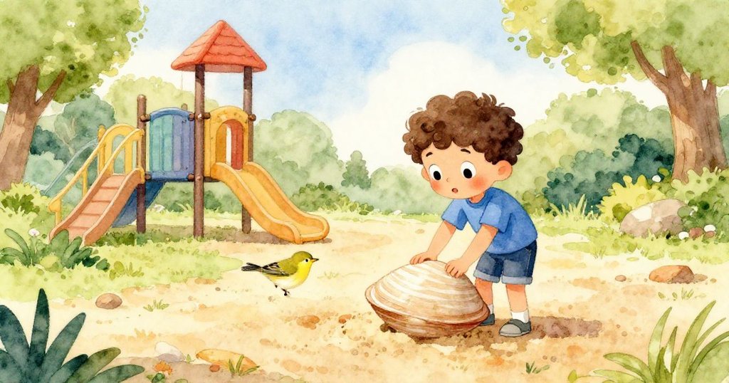 戴爾自豪地將貝殼置於沙丘頂端，一隻黃胸鳥飛過，整個遊樂場充滿冒險與自然氣息。