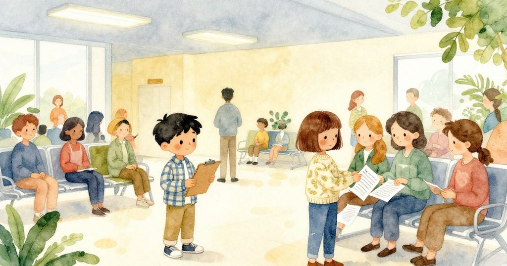 在現代候診室中，Jasper手持濕潤資料板，Opal忙著整理表格，眾人穿梭，燈光明亮，氣氛既忙碌又溫暖。