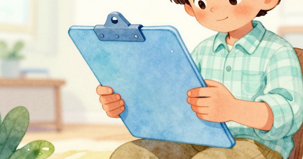 Jasper專注地握著濕潤的塑料資料板，藍色筆痕清晰呈現，展現出堅定與認真，背景中隱約有現代候診室。