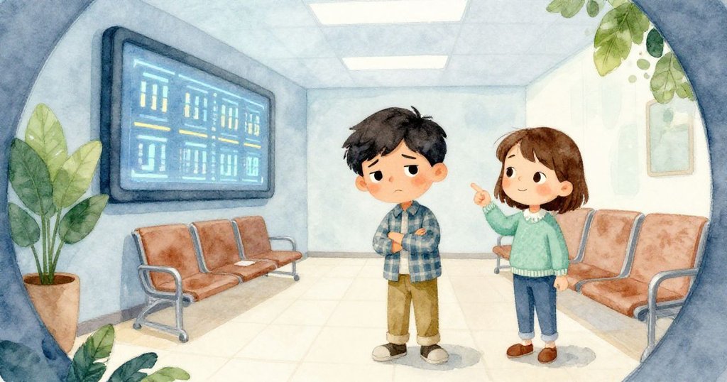 透過扭曲視角，數字屏幕倒轉顯示，Opal驚訝地指向屏幕，Jasper皺眉，現代感候診室背景中流露出疑惑情緒。