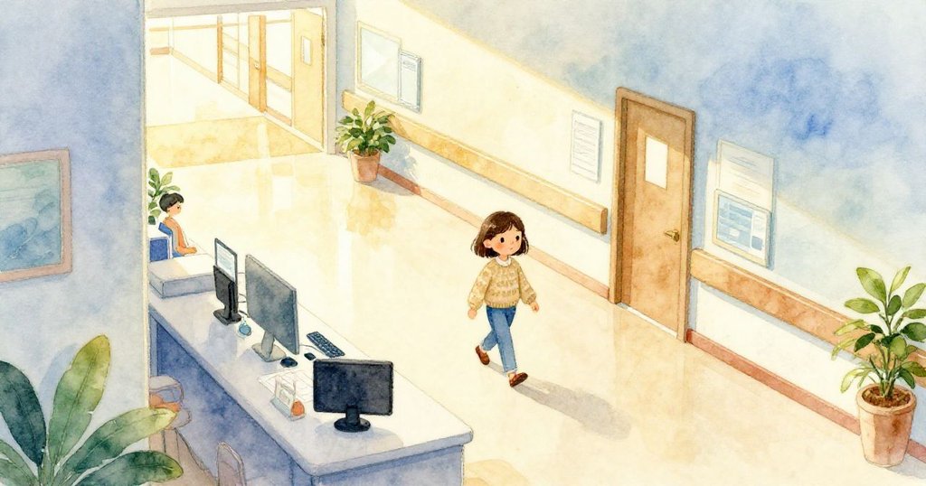 從高處俯視走廊中，Opal快步行走，身穿運動鞋，背景中顯示現代登記台與散落文件，營造都市活躍氛圍。