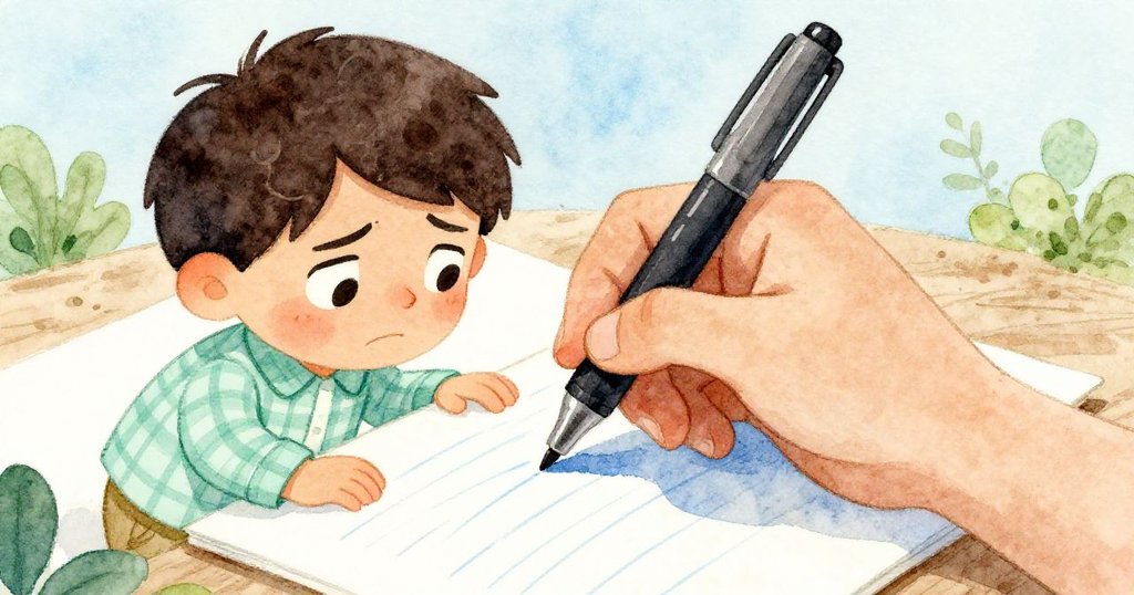 特寫中，Jasper神情緊繃，專注用力書寫，沉重筆劃出藍色痕跡，展現內心矛盾與決心，背景隱約呈現候診室氣氛。