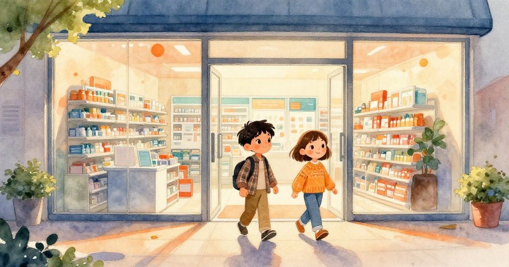 在夕陽餘暉下，Jasper和Opal走過藥局窗邊，金色光芒映照著藍色筆跡，呈現解決後的平靜與溫暖結局。