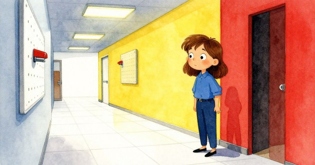 Ruby在現代辦公室走廊中觀察供品板空缺處,神情好奇柔和燈光映出辦公室的細節。