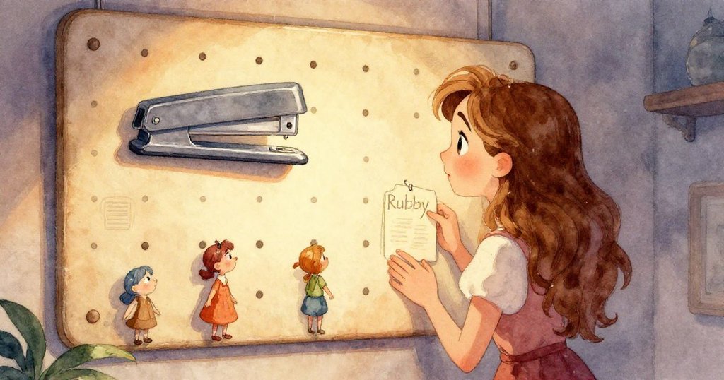 辦公室供品板上空缺處特寫,金屬輪廓與吊掛吊牌在微風中搖曳,氛圍中流露著神秘感。