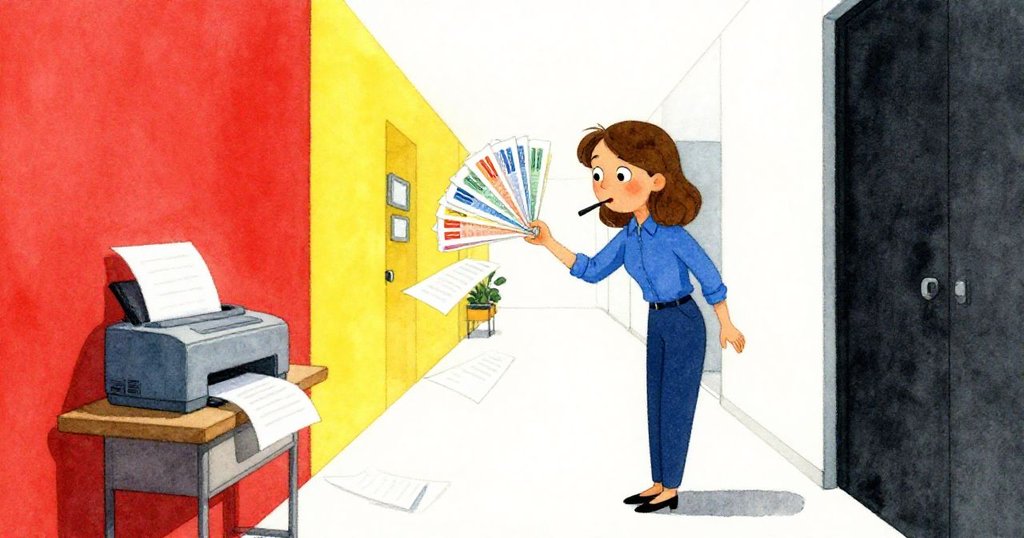 Ruby在辦公室走廊中攤開散落的會議講義,背景中印表機吐出捲曲紙張,她表情關切且充滿急切感。