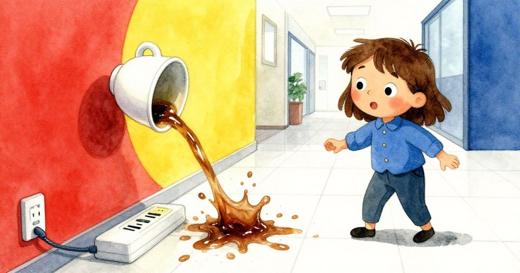 辦公室走廊中咖啡杯跌落瓷器發出響聲,棕色咖啡液灑落於瓷磚上朝電源板流動,情境突顯意外瞬間。