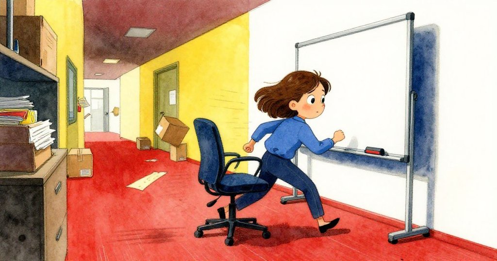 Ruby在辦公室緊急行動,用會議椅擋住滾動的白板,周遭資料夾與夾子飛散,她神情堅定與專注。