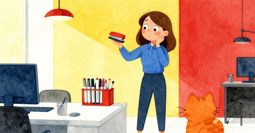 Ruby終於發現隱藏於記號盤後的訂書機,臉上露出喜悅神情,旁邊橘色貓咪好奇跟隨,辦公室氣氛恢復平靜。