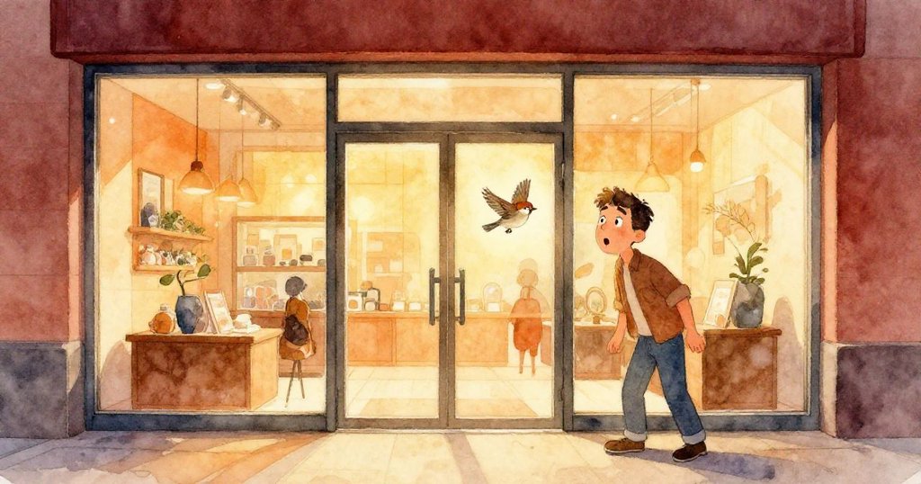 格倫在商店入口處注視著剛飛進來的麻雀，表情驚奇，背景呈現溫暖色調和明亮自然光。