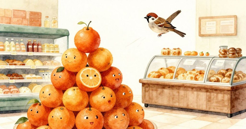 在果品區間，麻雀在亮橘色柑橘塔上空穿梭，背景中有麵包櫃台，場景充滿溫暖豐富的色彩。