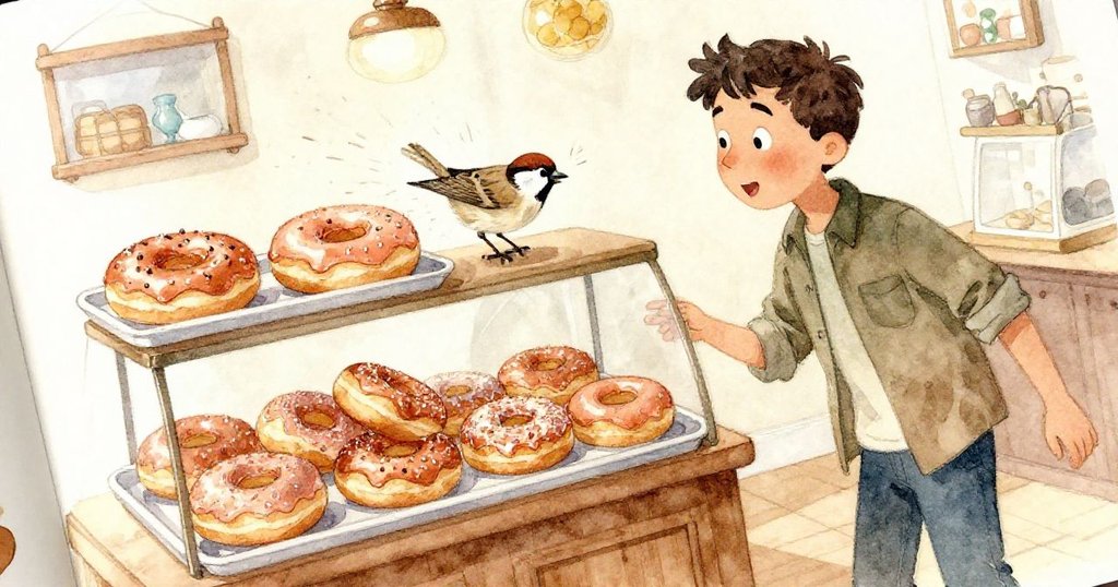 麻雀低飛掠過裹糖的甜甜圈上方，激起糖漿霧氣，格倫在背景中注視著，表情充滿驚奇與關切。