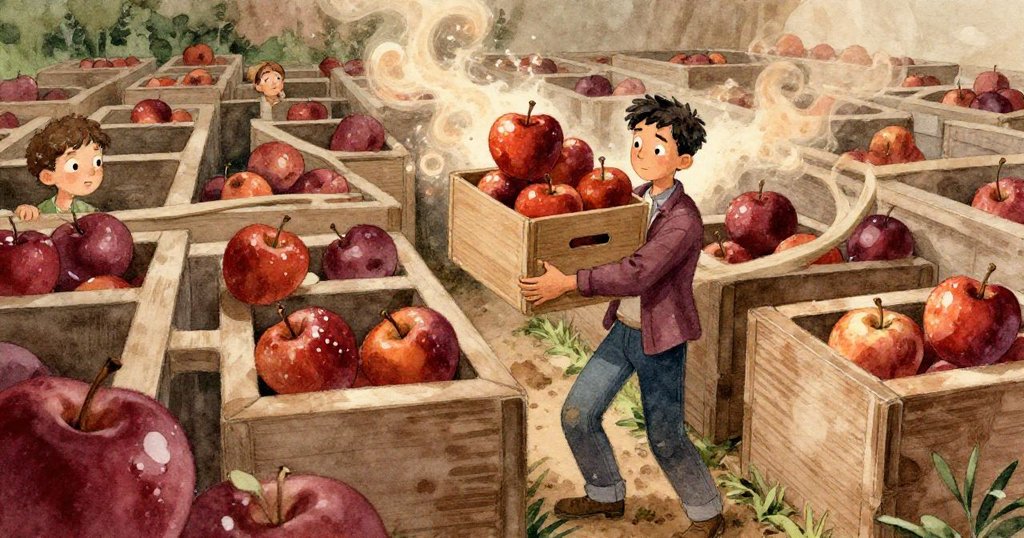 格倫在堆疊的蔬果箱中掀開一箱子，露出隱秘走道和閃亮蘋果，室內燈光與浮動塵埃增添神秘感。