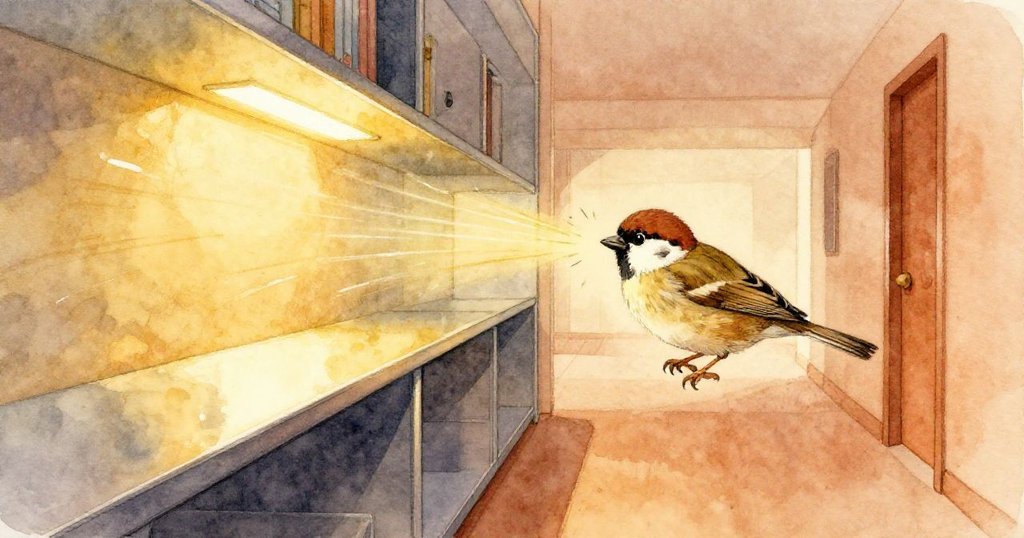 走廊中反光鋁貨架上，金光跳動，麻雀迅速追逐光束，動態感十足，色彩鮮豔且充滿活力。