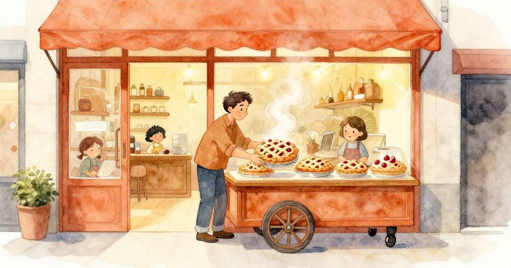 格倫在出口區輕放櫻桃派，溫暖金色燈光中散發果香，旁邊推車輪子吱吱作響，充滿安心與溫馨。