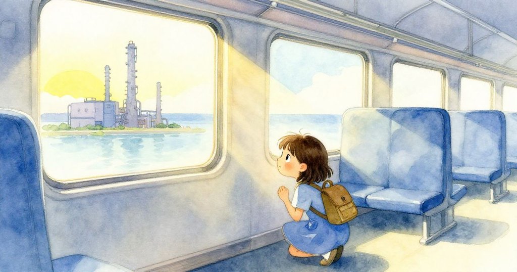 小Suki在晨光中蹲於火車車廂內，眺望窗外工廠煙囪，表情充滿期待與好奇。