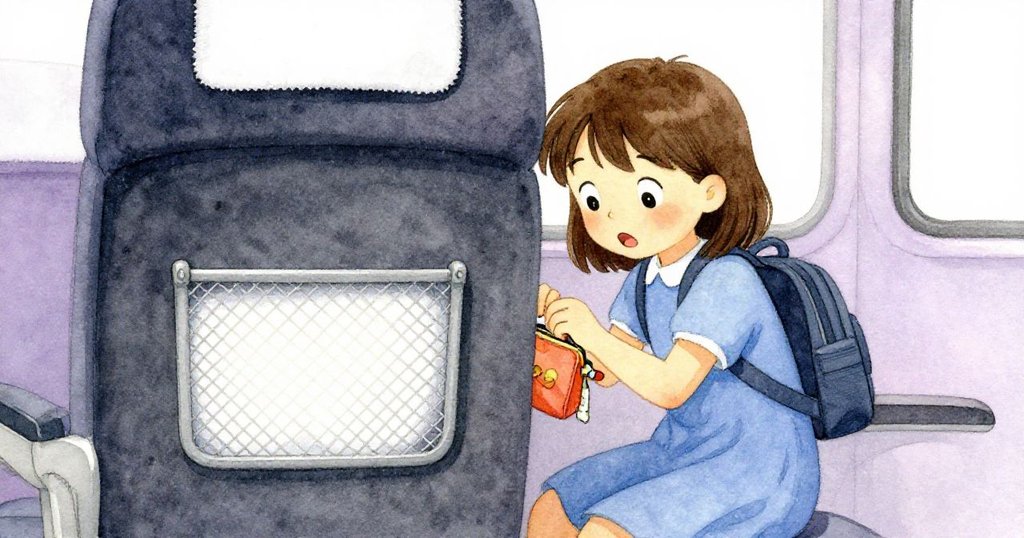 小Suki驚訝發現座椅網袋空洞，仔細檢查缺失的票袋，背景空白強調失落感，情緒複雜。