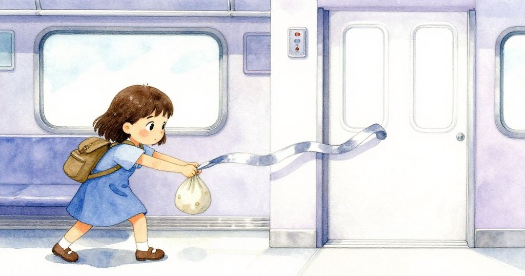 分割畫面呈現Suki一邊執著拉扯藏於座下的票袋，一邊擔心銀絲水流逼近感應門，內心掙扎顯露無遺。