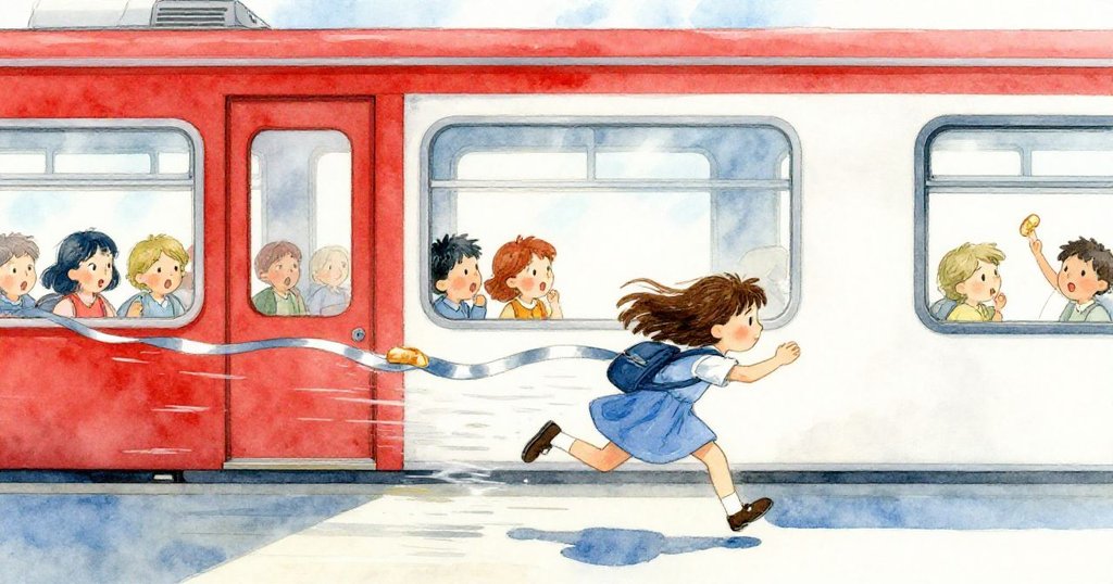 Suki急奔追逐那銀色水絲，麵包邊隨流飄動，車廂中乘客驚愕，動感十足場景傳達緊張氣氛。