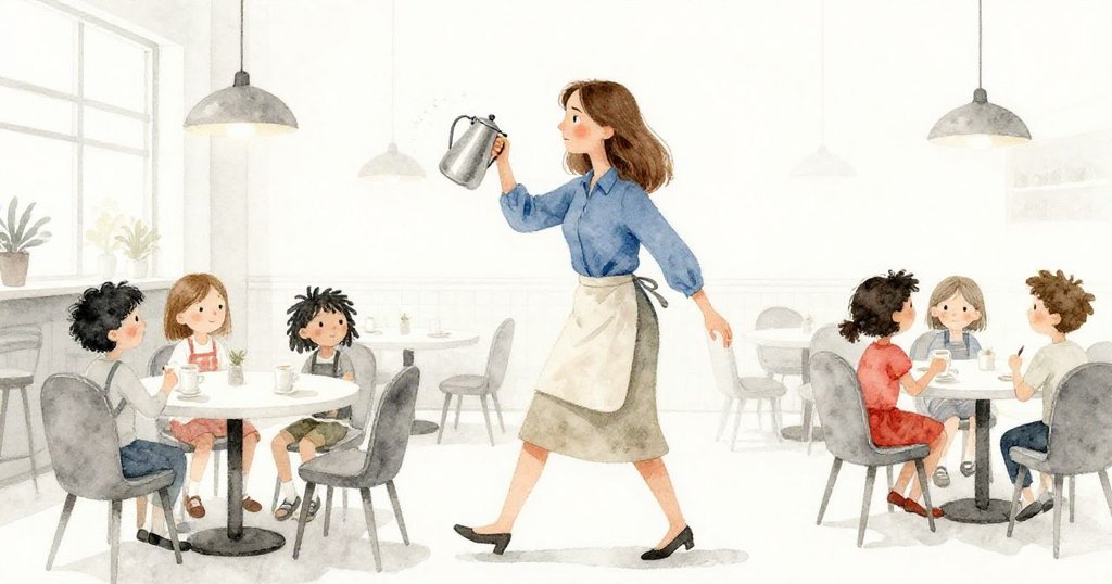 露莎在餐廳中輕握結露的金屬水壺，穿越緊密排列的椅子，神情專注，預示著即將發生的意外。