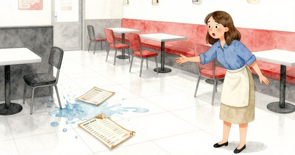 露莎驚訝地望著翻飛的老式餐單和濺起的水花，光亮瓷磚映出水流和細微歲月痕跡。