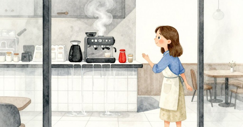 露莎透過透明玻璃注視水流沿著瓷磚溝渠奔流，咖啡機蒸氣繚繞，室內外景色交織著微妙變化。