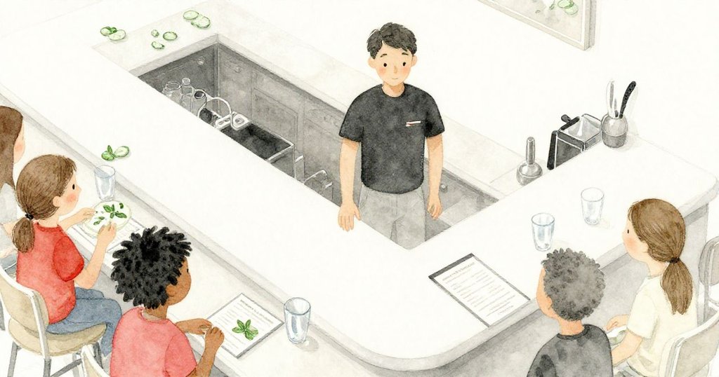 從吧台高處俯瞰，露莎與服務員分工協作，薄荷糖、餐單和反光杯具在光影中交織，充滿忙碌氣氛。