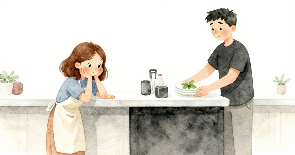 露莎靠在櫃台上稍作休息，神情放鬆，服務員平靜整理薄荷糖與杯具，餐廳恢復寧靜秩序。