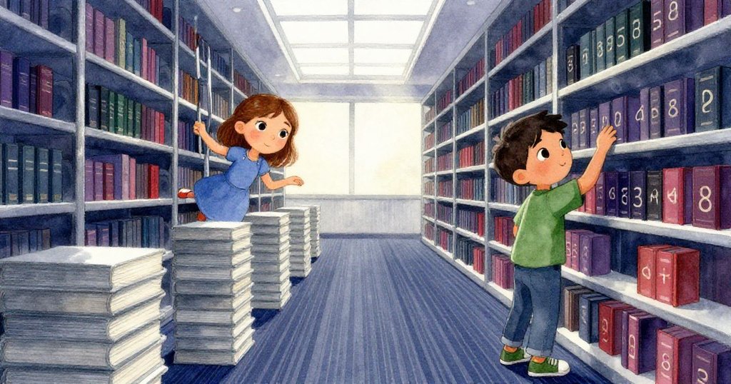 Mae在圖書館中穿梭於銀色書架間，Ben聚精會神於書架上，燈光昏暗卻透過天窗投射戲劇對比，開啟冒險旅程。