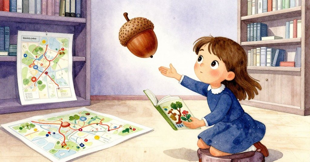 Mae站在低凳上伸手取園藝指南，橡實從夾克滑落飛向整齊地圖，展現冒險中意外觸發的關鍵瞬間。