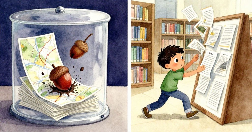 左側橡實撞擊書架上排列的地圖滑動，右側Ben甩臂衝動失控推翻展架，情節緊張激烈展現動作連鎖。