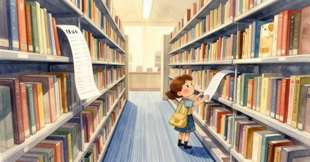 在安靜的圖書館角落，橡實靜臥於陰影中，薄塵隨微光緩緩上升，帶出隱秘發現的溫柔情感。